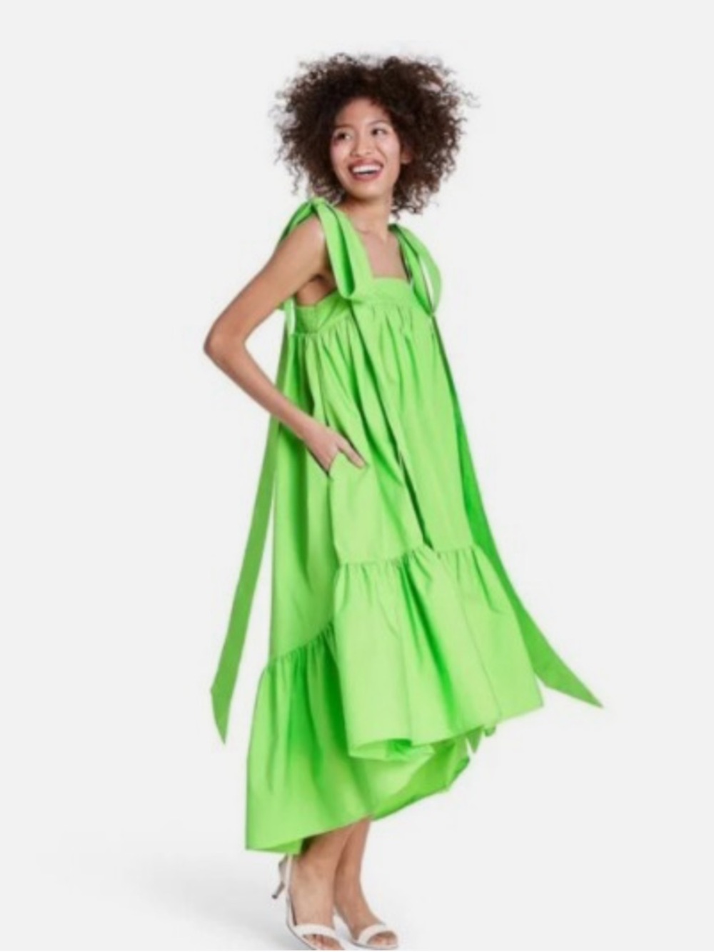 Christopher John Rogers Green Tiered Tie Shoulder High Low Babydoll Dress Small - Picture 7 of 16
